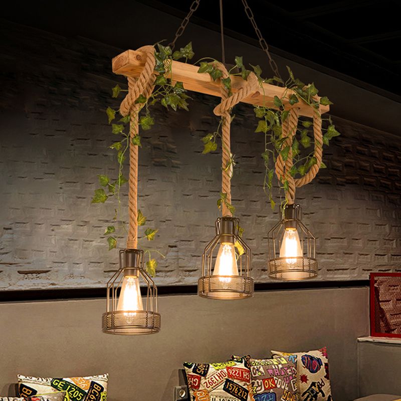 Caged Vintage Farmhouse Wood Beam Pendant Light 3 and 5 Heads